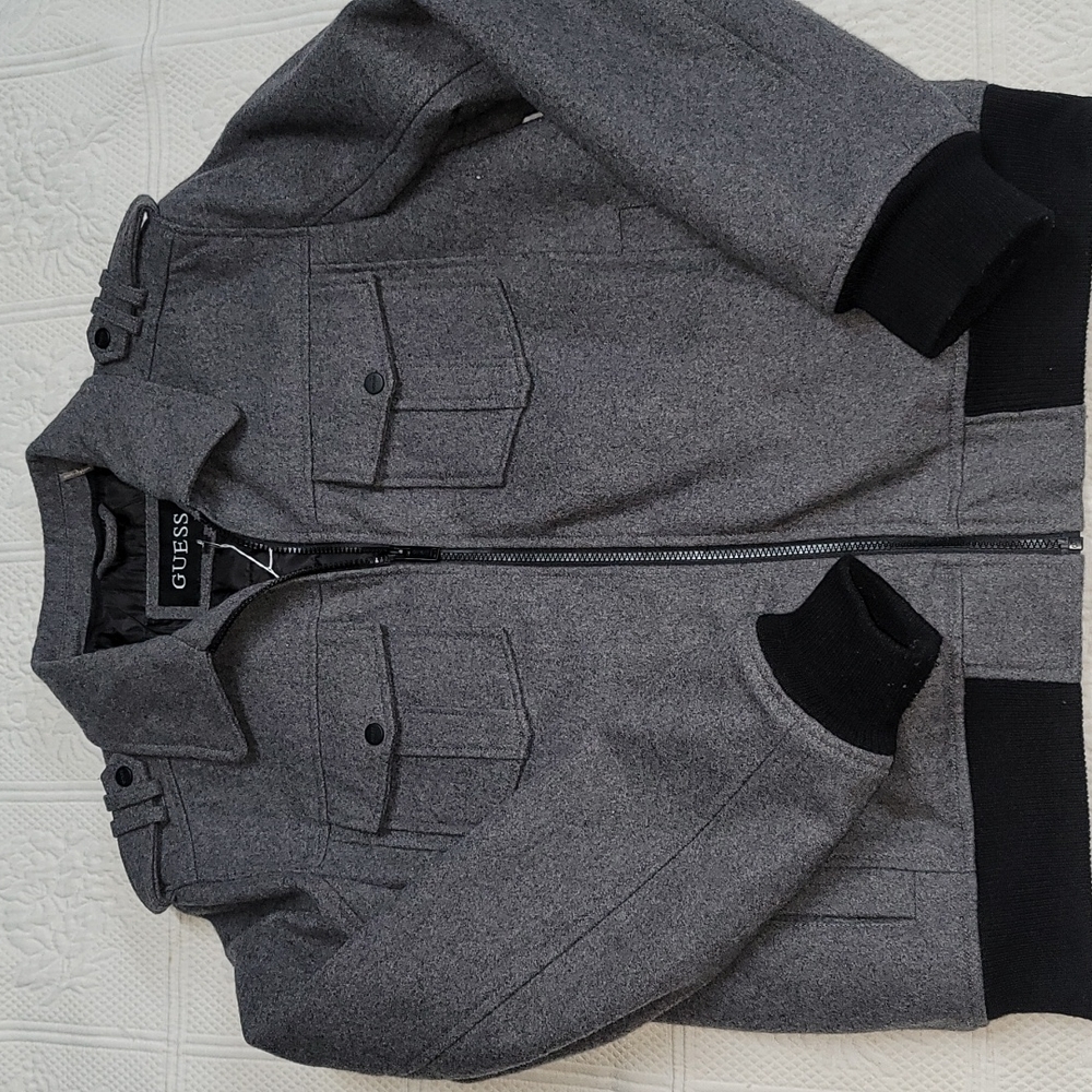 Guess coat charcoal gray faux wool, black lined inside, crew knit cuffs waist